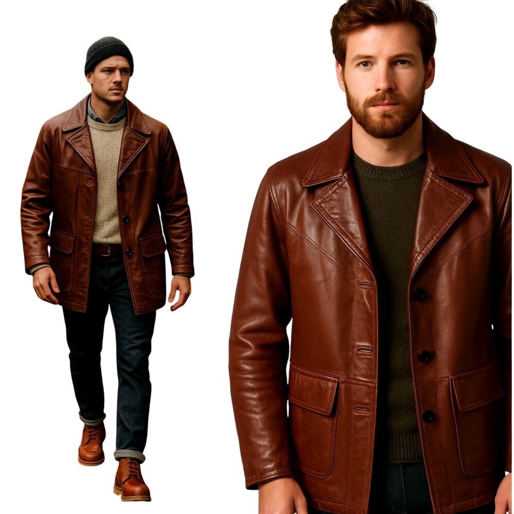 Huckberry Vintage M Wide Lapel Leather Jacket $499 70s Disco Coat Retro Brown 40